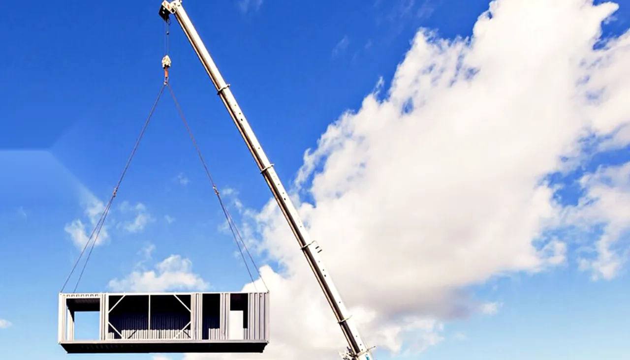 Mobile crane lifting a modular building unit